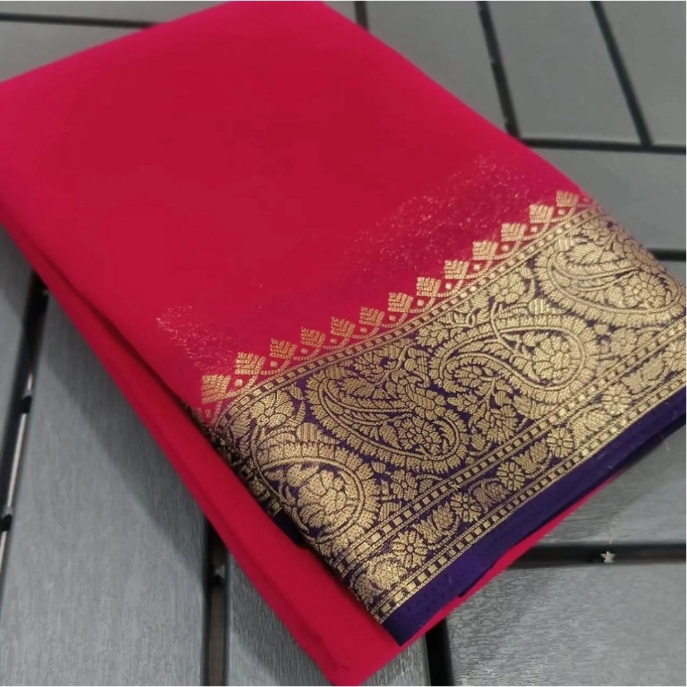 generic women's crepe chit pallu solid saree with unstitched blouse 5.5mtr (red)