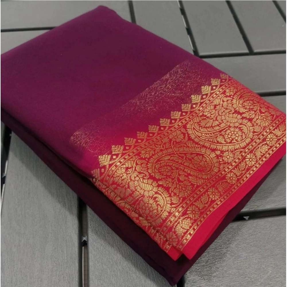 generic women's crepe chit pallu solid saree with unstitched blouse 5.5mtr (pink)