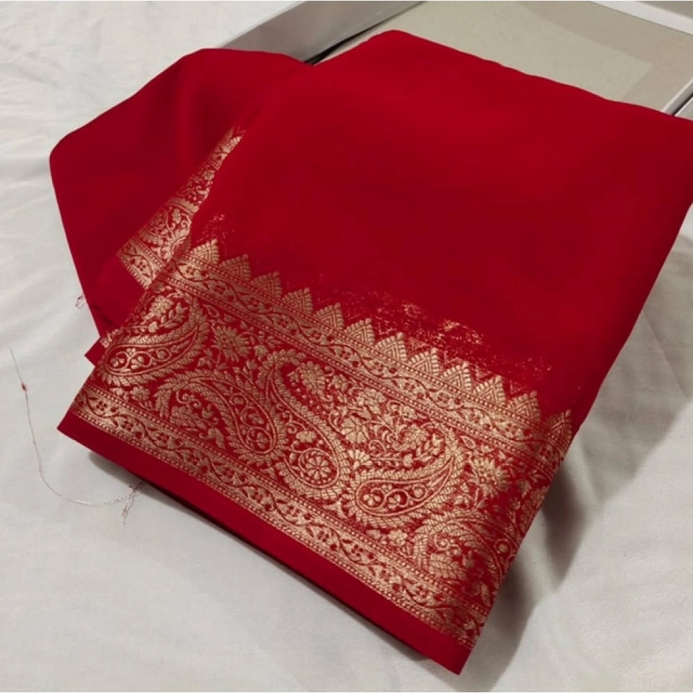generic women's crepe chit pallu solid saree with unstitched blouse 5.5mtr (red)