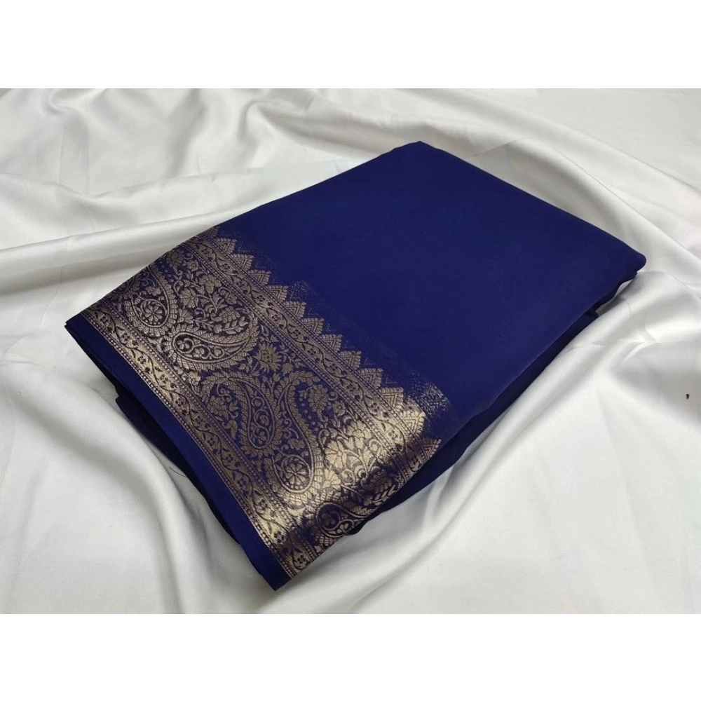generic women's crepe chit pallu solid saree with unstitched blouse 5.5mtr (blue)