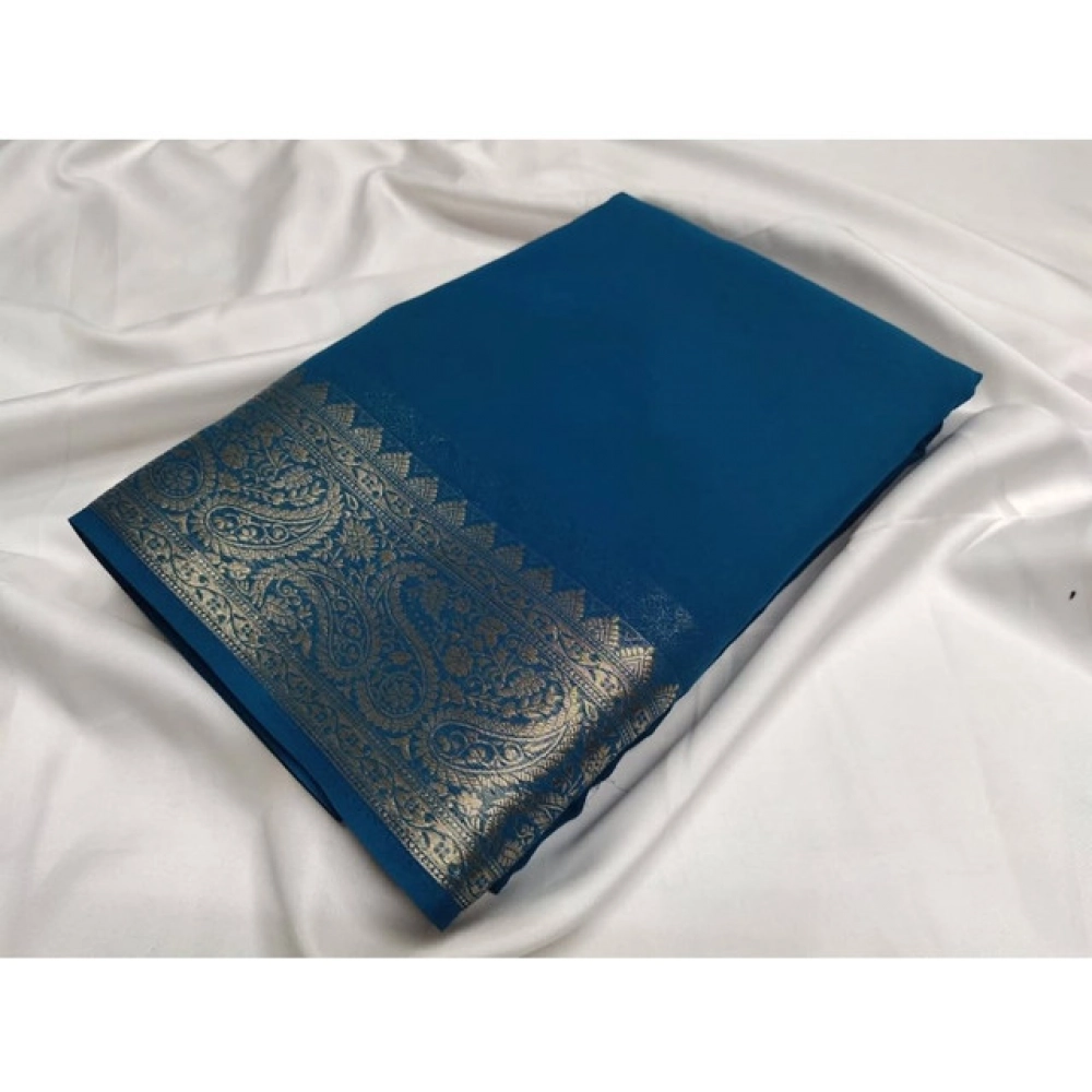 generic women's crepe chit pallu solid saree with unstitched blouse 5.5mtr (sea green)