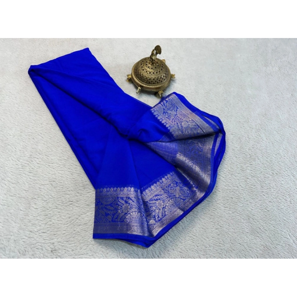 generic women's crepe chit pallu solid saree with unstitched blouse 5.5mtr (navy blue)