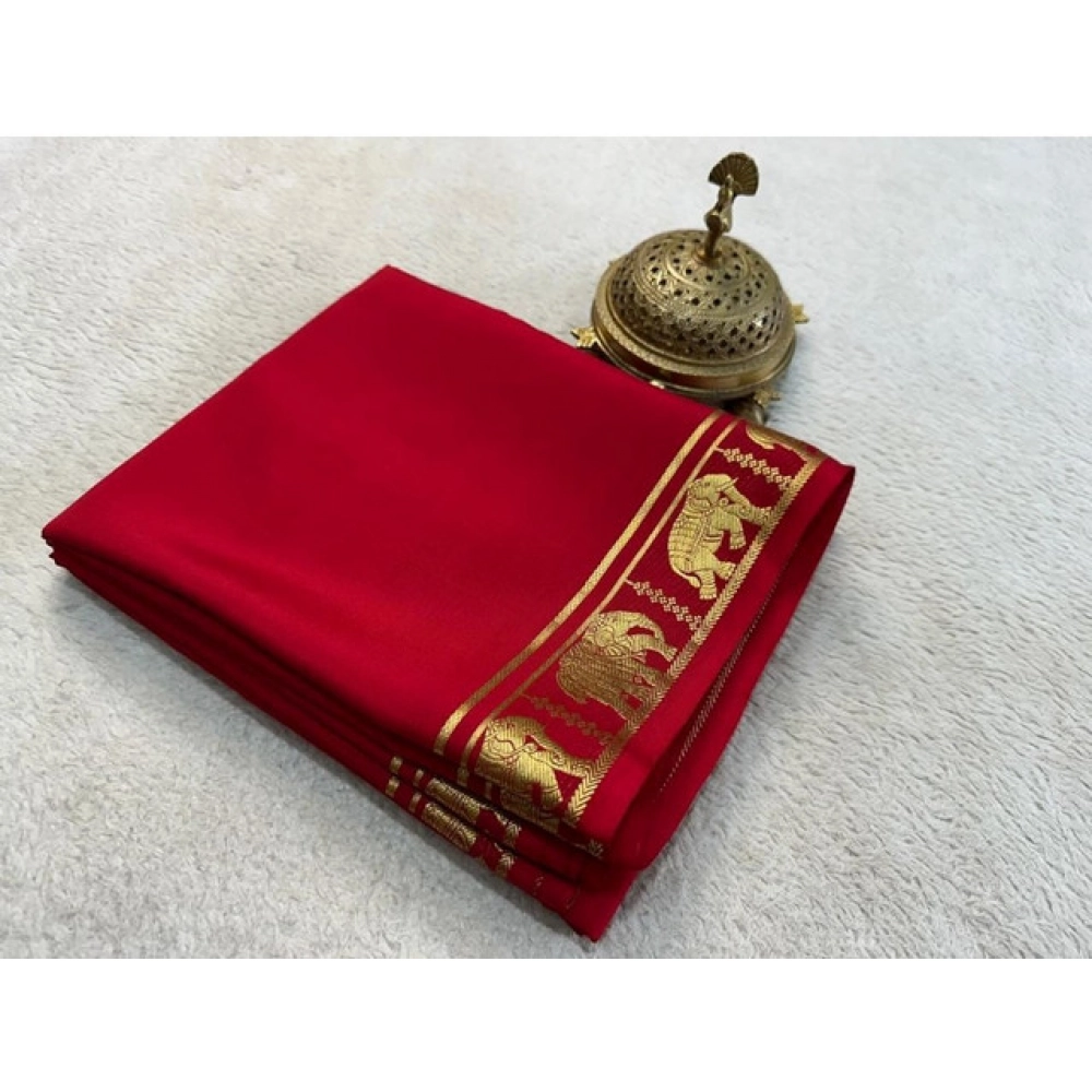 generic women's crepe chit pallu solid saree with unstitched blouse 5.5mtr (red)