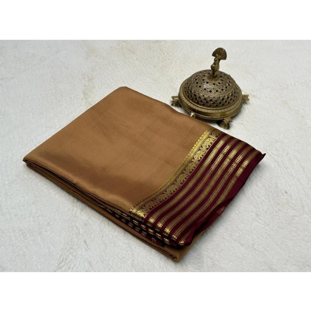 generic women's crepe chit pallu solid saree with unstitched blouse 5.5mtr (beige)