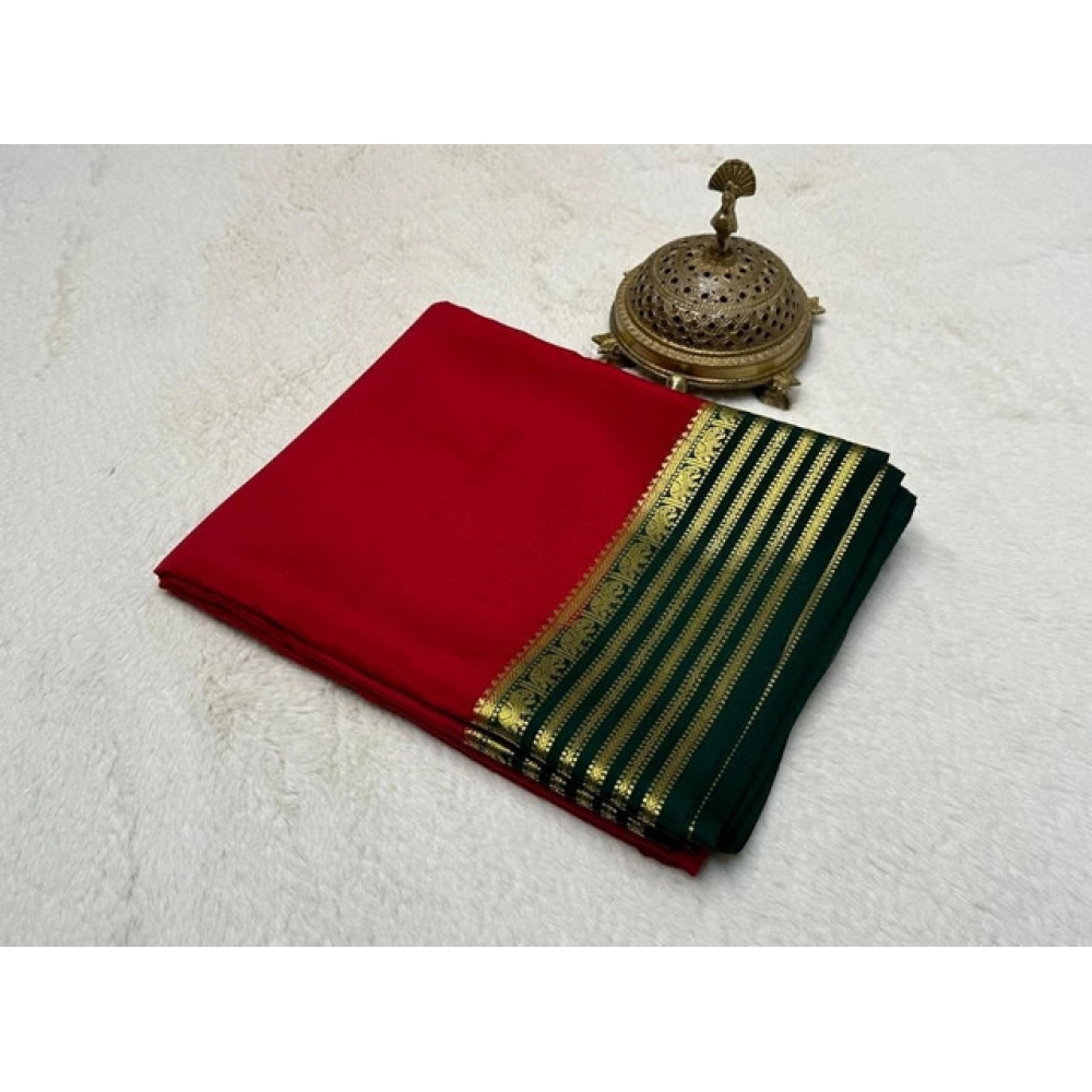 generic women's crepe chit pallu solid saree with unstitched blouse 5.5mtr (red)