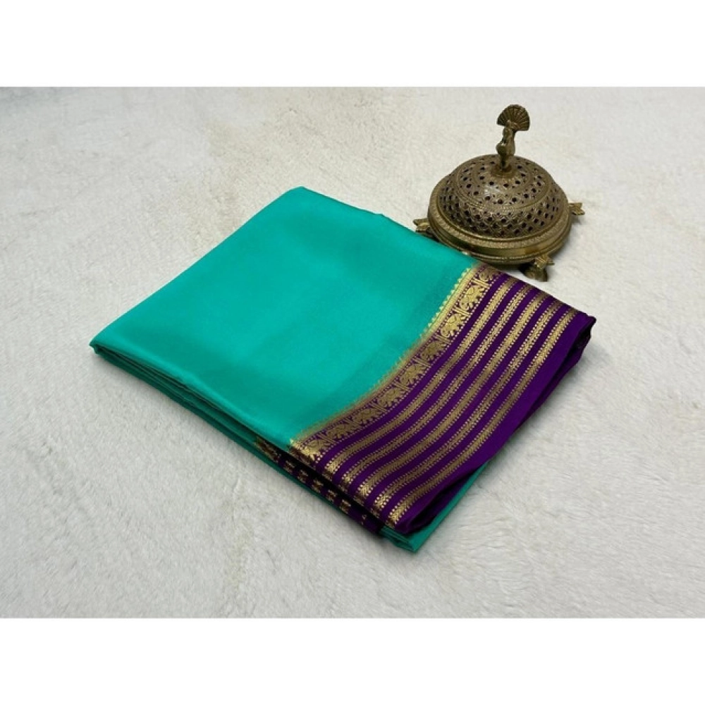 generic women's crepe chit pallu solid saree with unstitched blouse 5.5mtr (sky blue)
