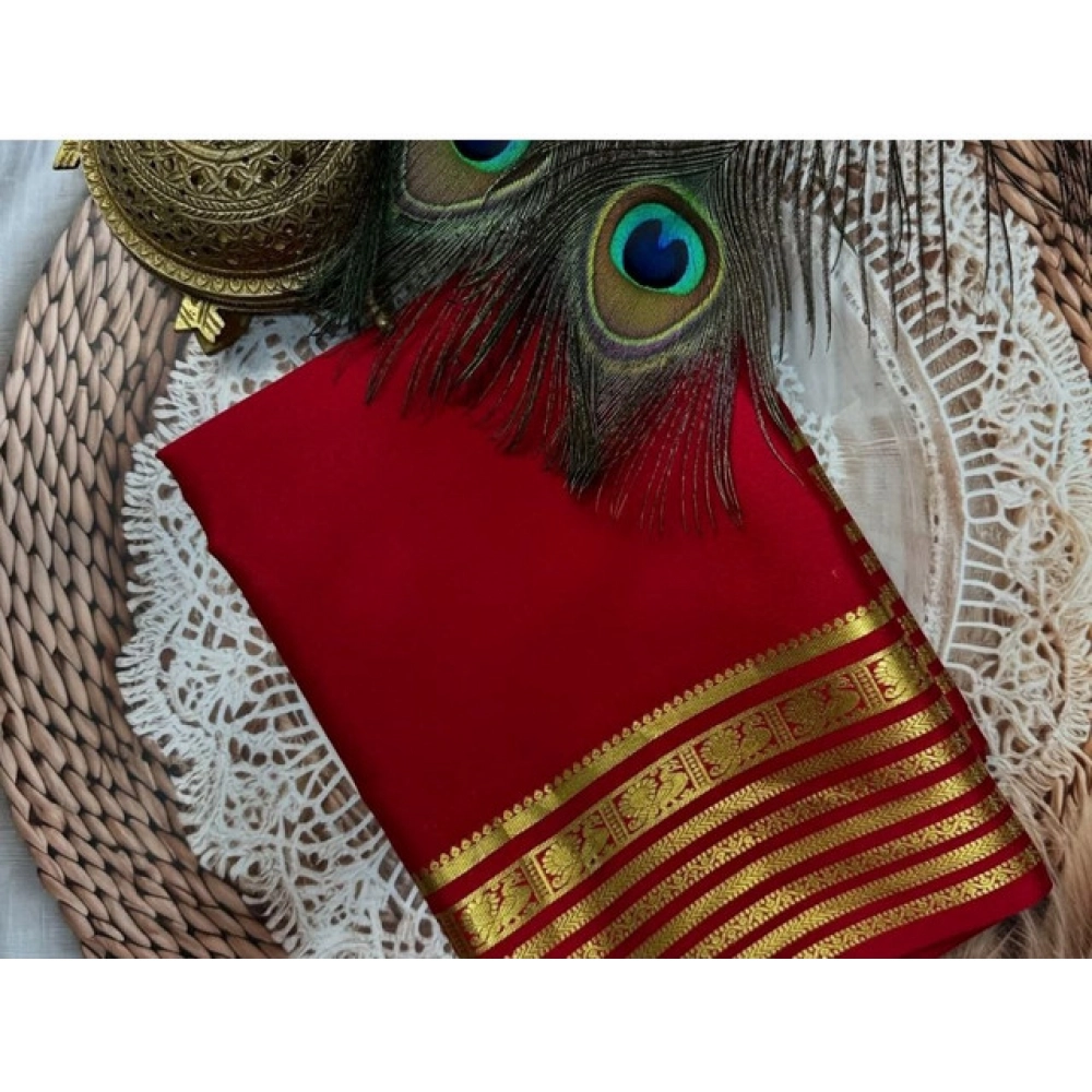 generic women's crepe chit pallu solid saree with unstitched blouse 5.5mtr (red)