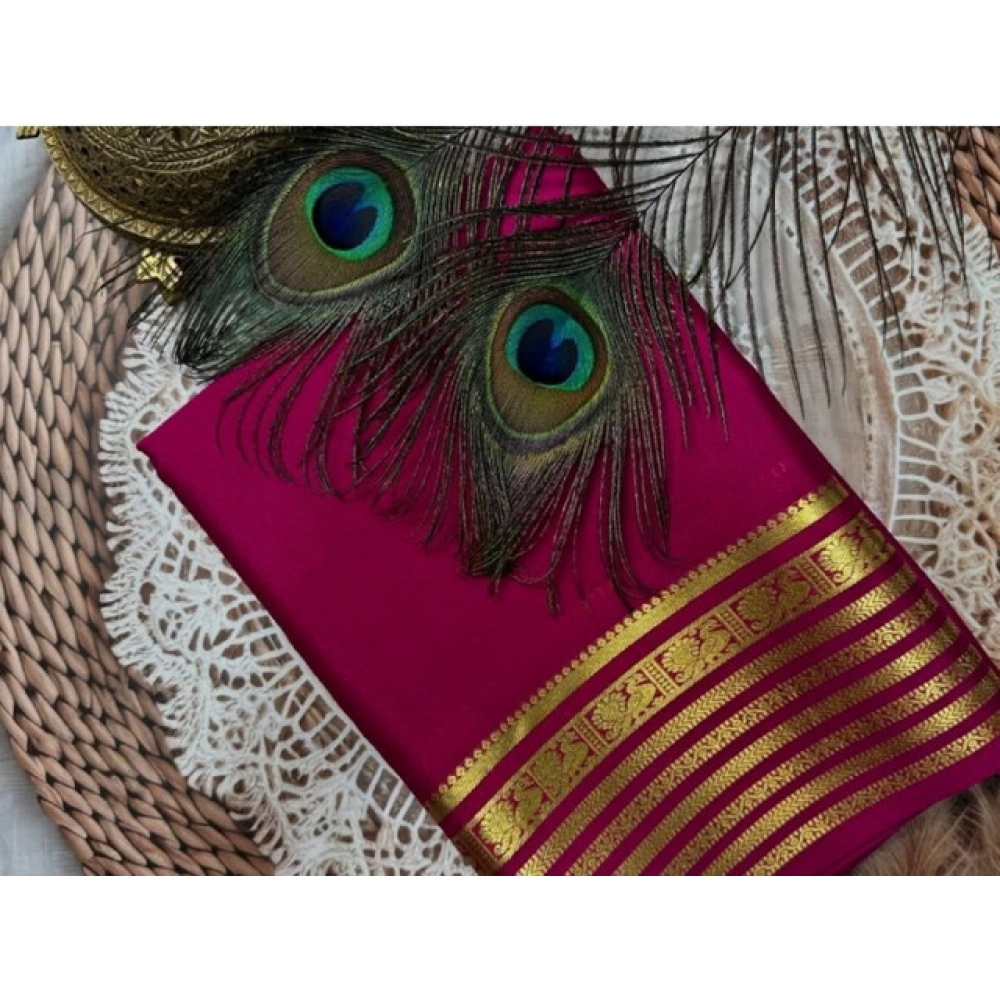 generic women's crepe chit pallu solid saree with unstitched blouse 5.5mtr (dark pink)