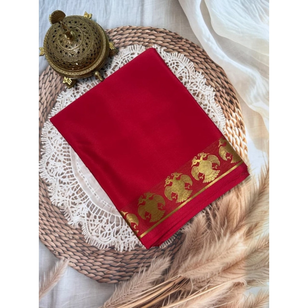 generic women's crepe chit pallu solid saree with unstitched blouse 5.5mtr (red)