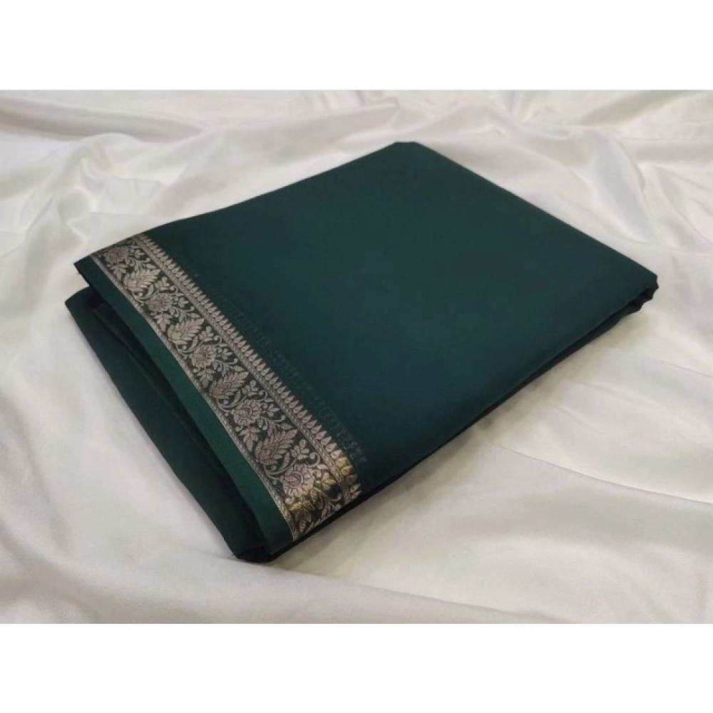 generic women's crepe chit pallu solid saree with unstitched blouse 5.5mtr (bottle green)