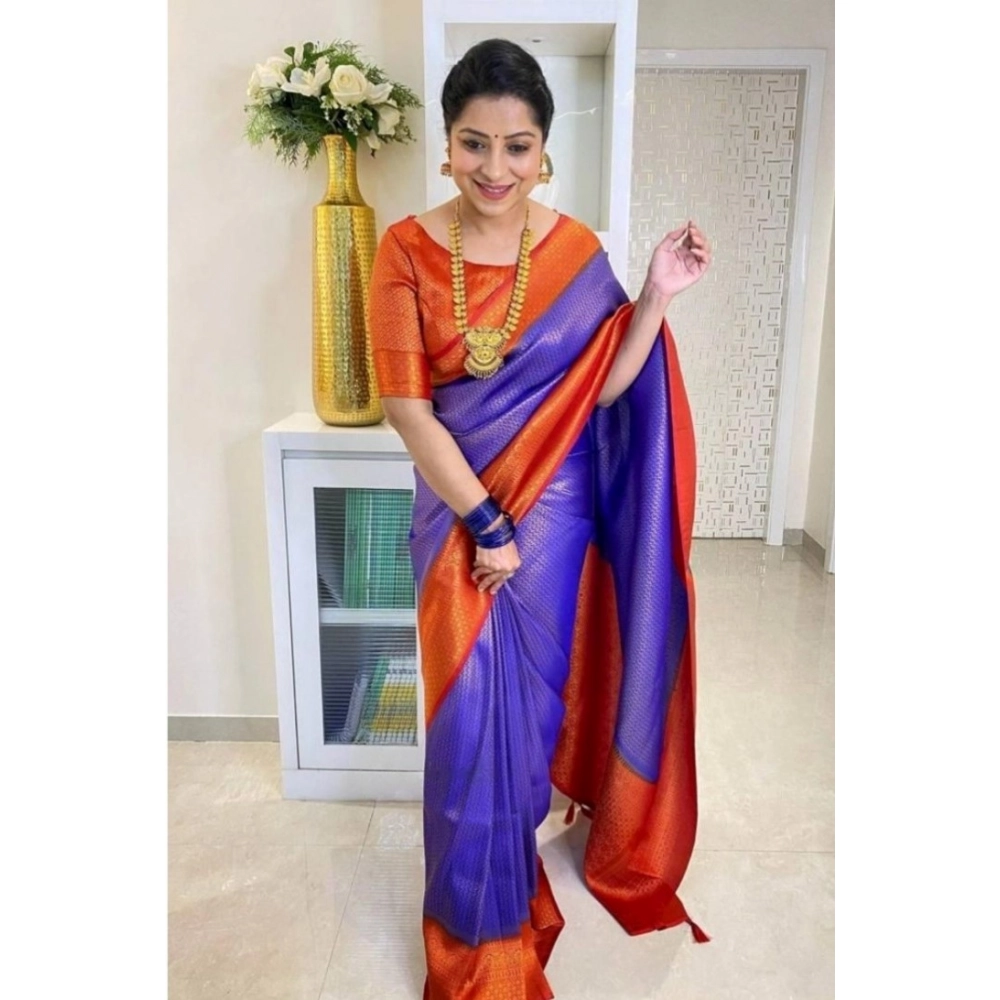 generic women's soft lichi silk printed saree with unstitched blouse 5.5mtr (blue)